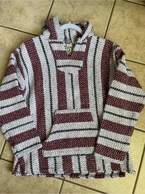 Striped Baja Hoodie Sweater - Maroon & Cream